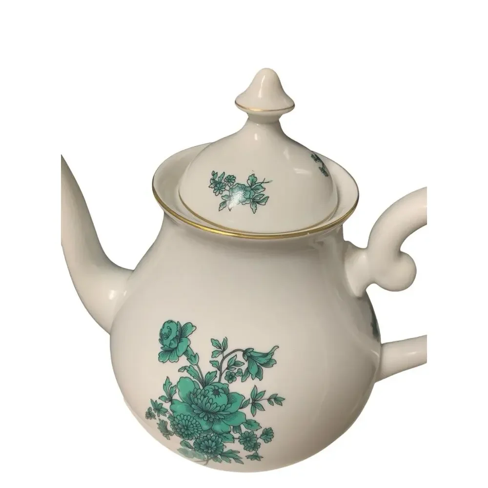 Mottahedeh Vista Alegre Porcelain 9 Inch Green Rose Floral Tea Pot Made In Portu